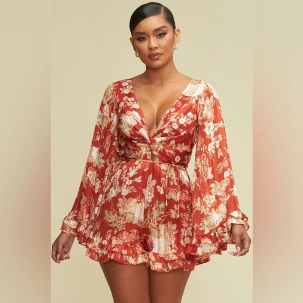 Resort Red Cut-Out Ruffle Floral Midi Romper - Picture 4 of 8